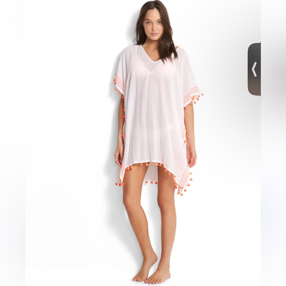 Seafolly austrailia Mini Tassel Gauze Kaftan White/Pink NWT